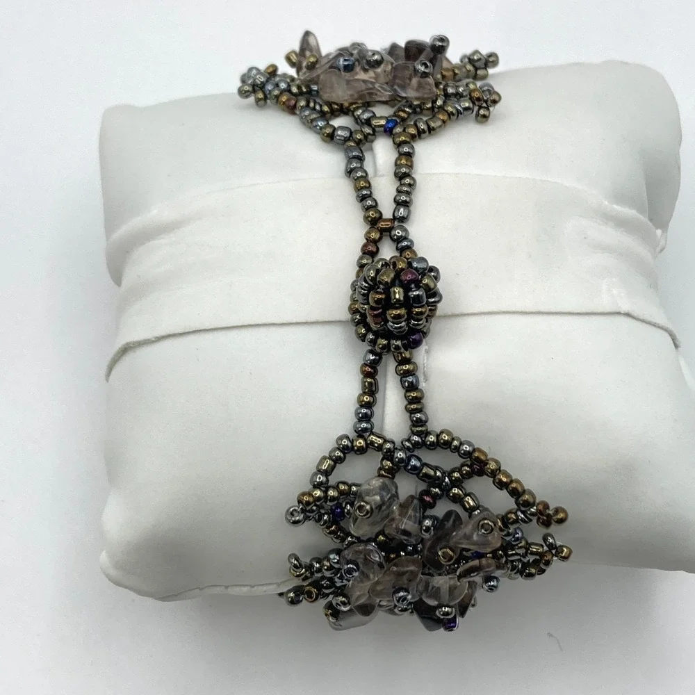 Artisan Womens Watch Beaded Gemstone Silver Tone Crystals New Battery 7.25